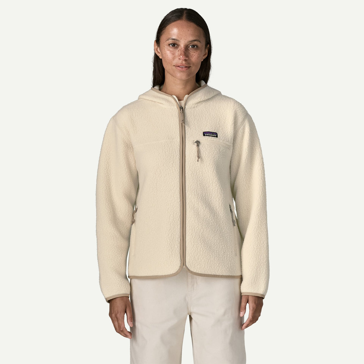 Giacca Retro in pile full zip con cappuccio panna