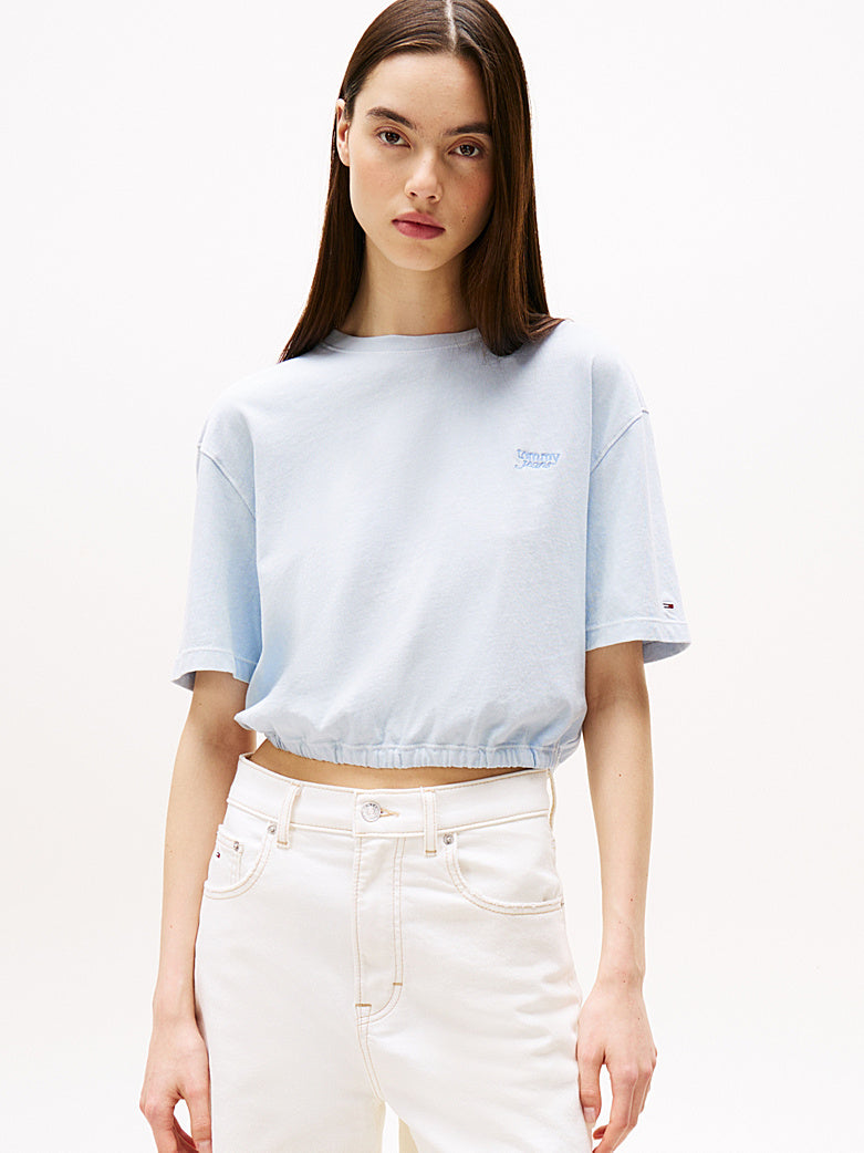 T-Shirt crop over con schiena scoperta celeste