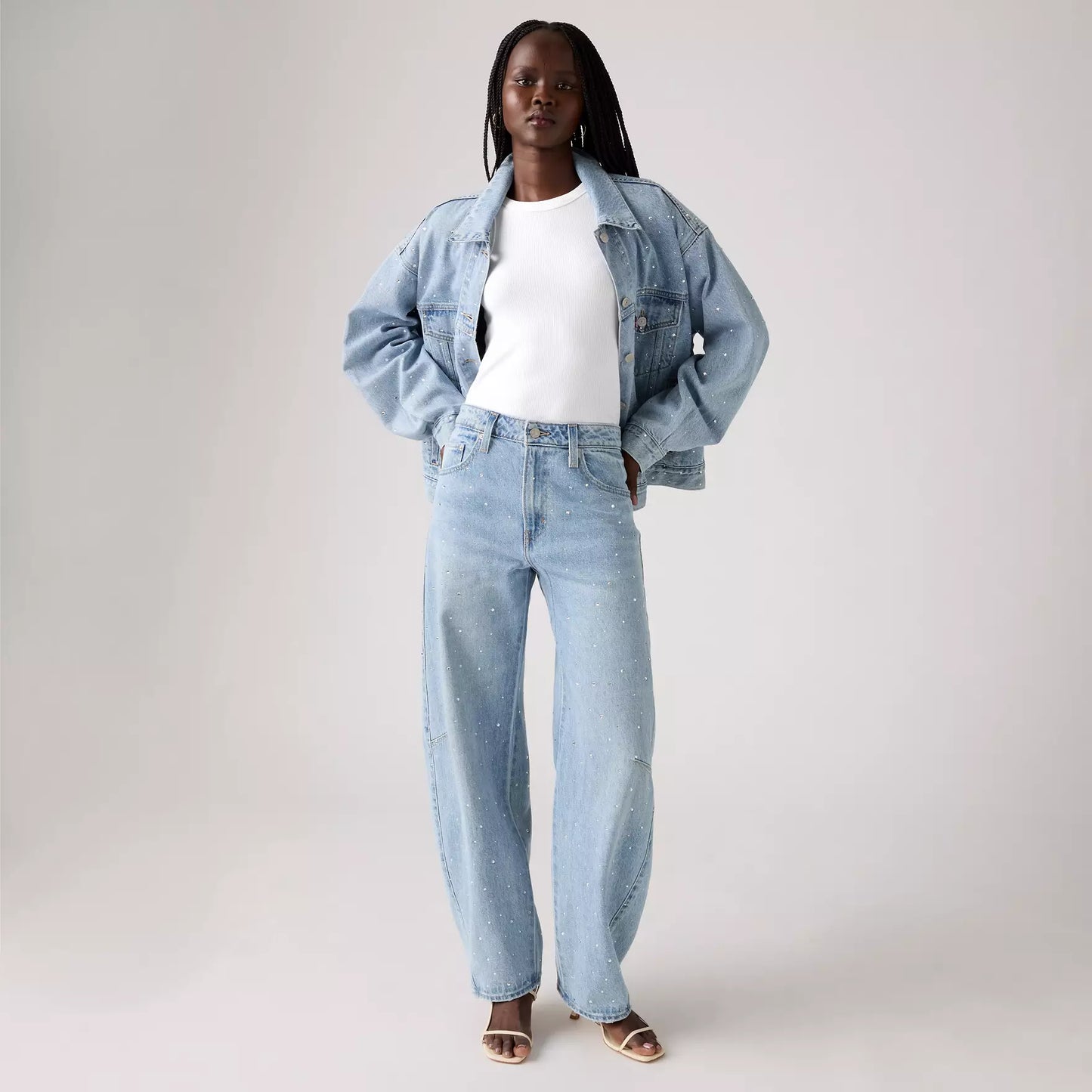 Jeans Baggy dad barrel denim chiaro + paiettes