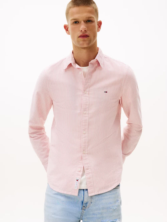 Camicia Oxford slim stretch bianca a righe rosse