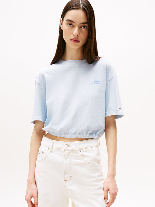 T-Shirt crop over con schiena scoperta celeste