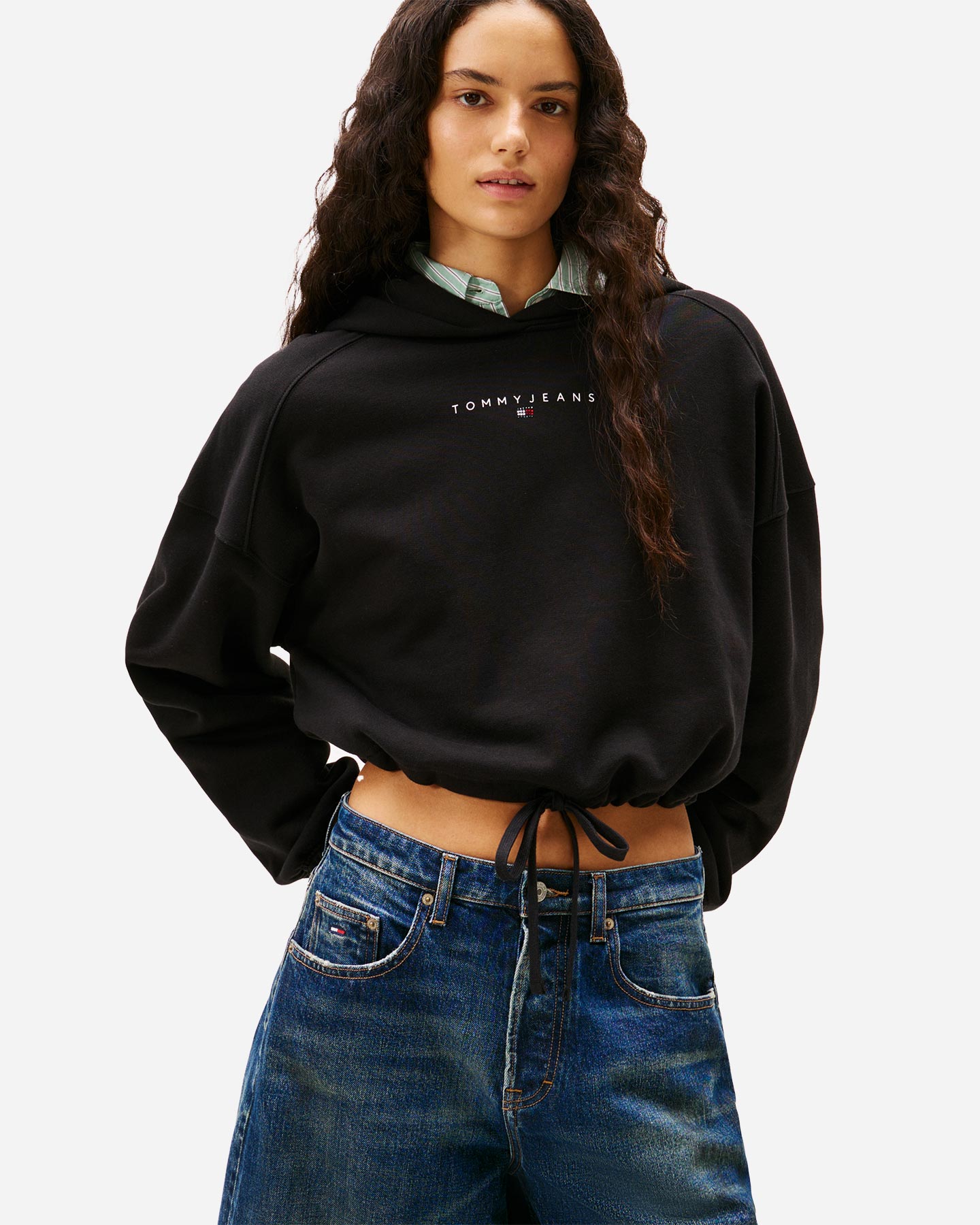Felpa Tommy jeans crop con laccio con cappuccio nero