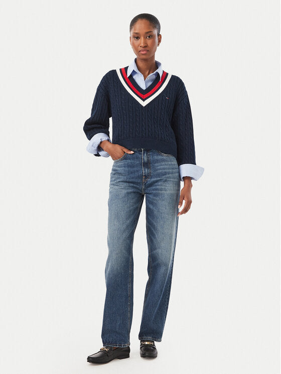 Maglioncino Tommy Jeans scollo a V in cotone blu