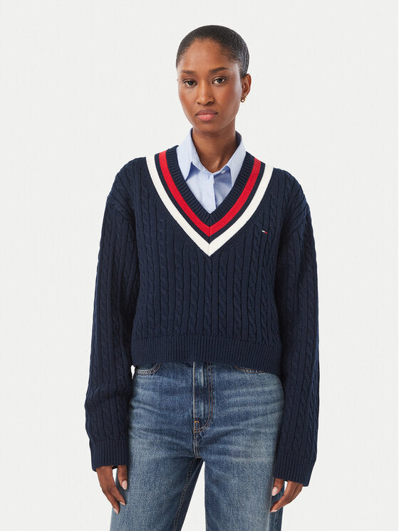 Maglioncino Tommy Jeans scollo a V in cotone blu